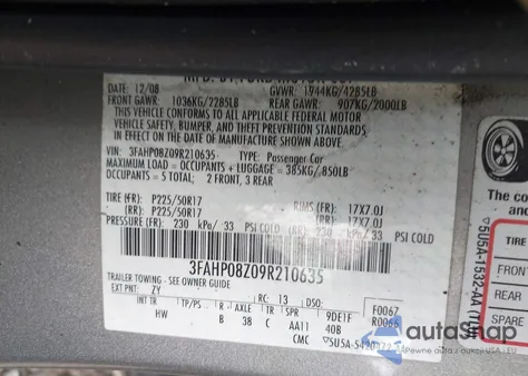 2009 Ford Fusion Sel from USA, damaged, VIN 3FAHP08Z09R210635